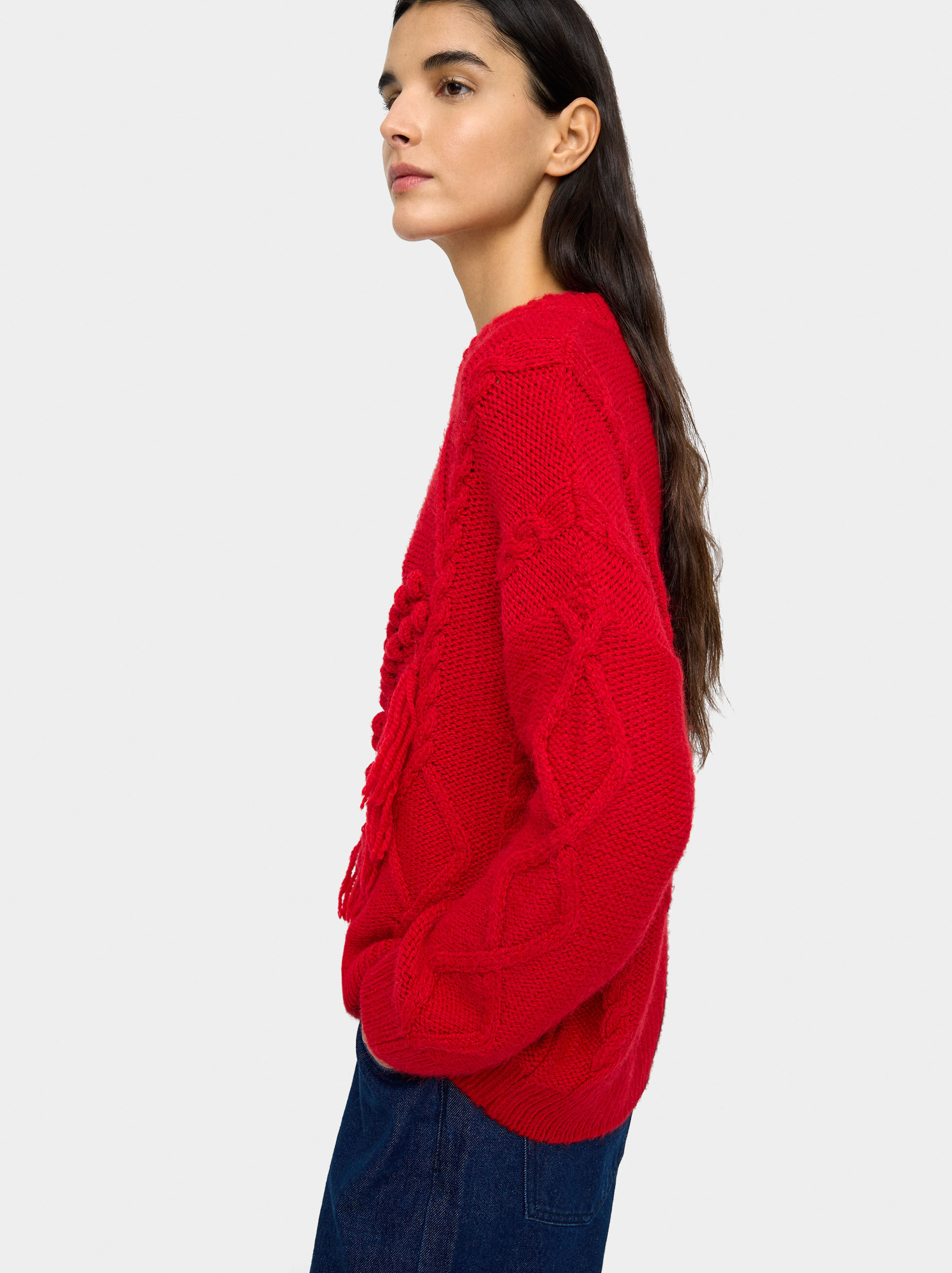 Camisola de malha con flecos y relieve