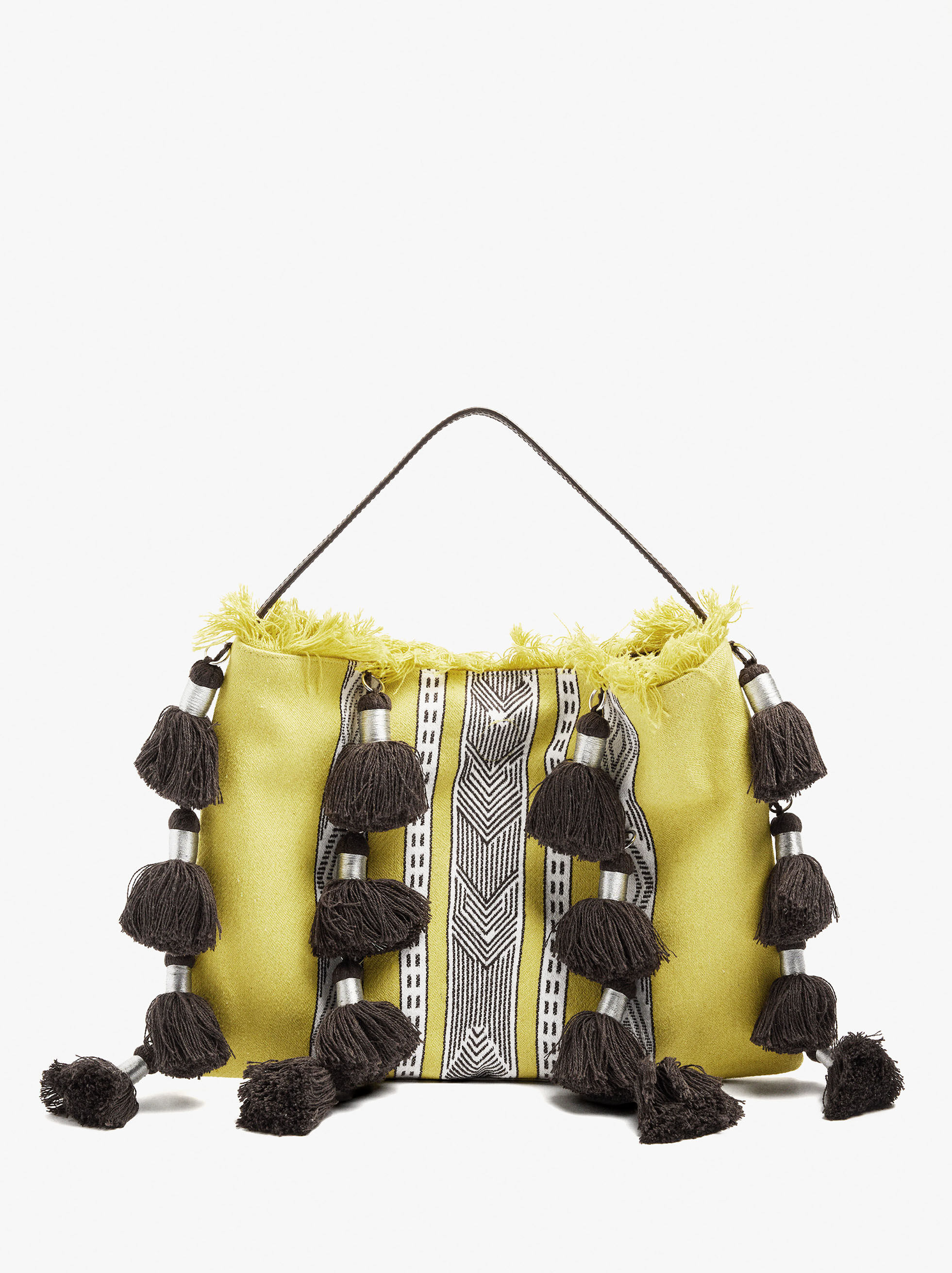 Bolso de mano de tela con borlas