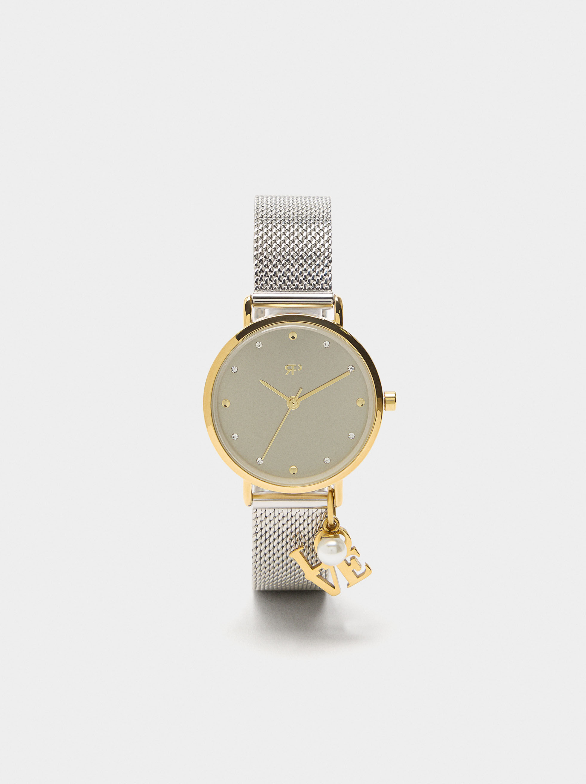 Reloj bicolor con cadena metálica y charm