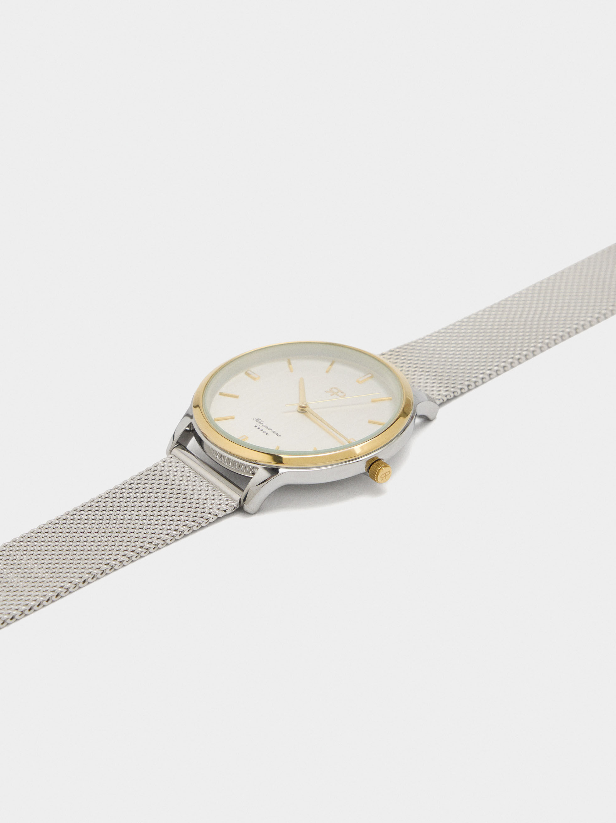 Reloj bicolor con correa de malla metálica de acero inoxidable